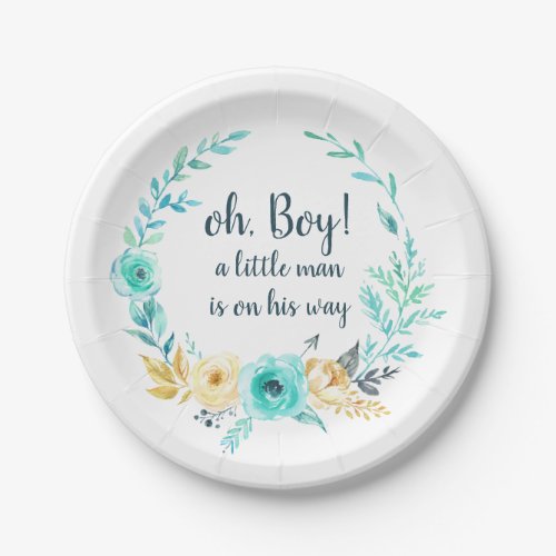 oh Boy Little Man Baby Shower Blue Gray Gold Arrow Paper Plates