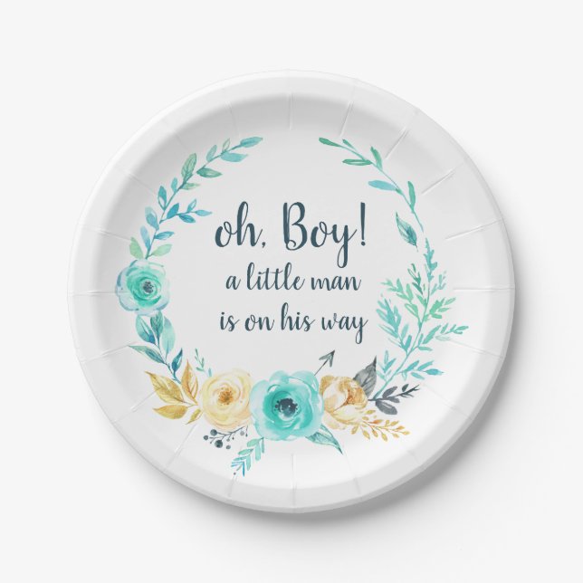 oh Boy Little Man Baby Shower Blue Gray Gold Arrow Paper Plates (Front)