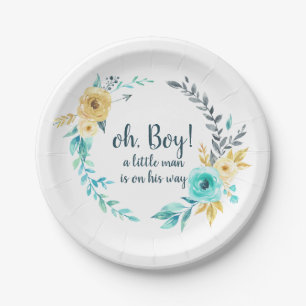 oh Boy Little Man Baby Shower Blue Gray Wreath Paper Plates