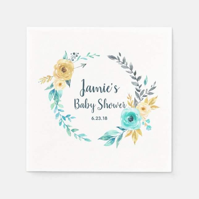 Oh Boy Little Man Baby Shower Boy Blue Teal Gray Paper Napkins (Front)