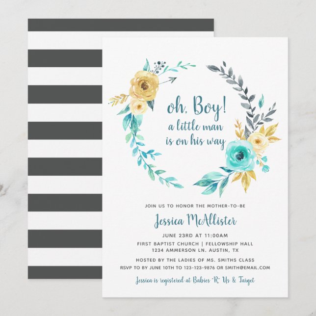 oh Boy Little Man Baby Shower dark Gray Invitation (Front/Back)