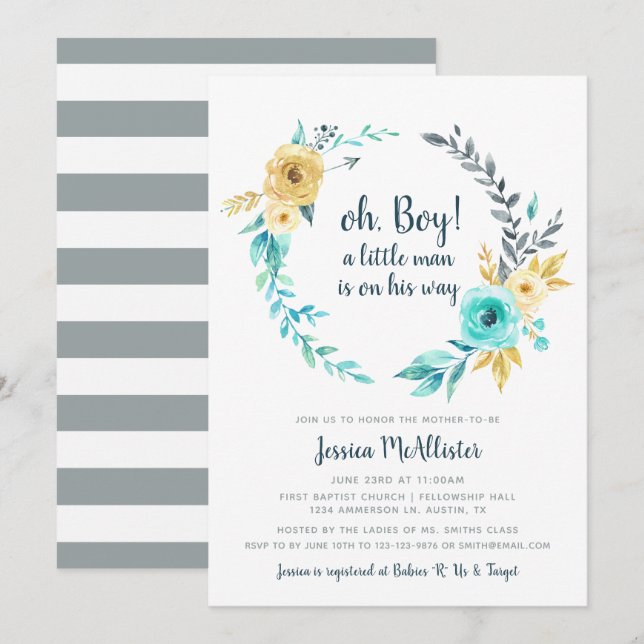 oh Boy Little Man Baby Shower Gray Invitation (Front/Back)