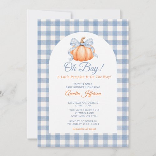 Oh Boy Little Pumpkin Blue Gingham Baby Shower Invitation