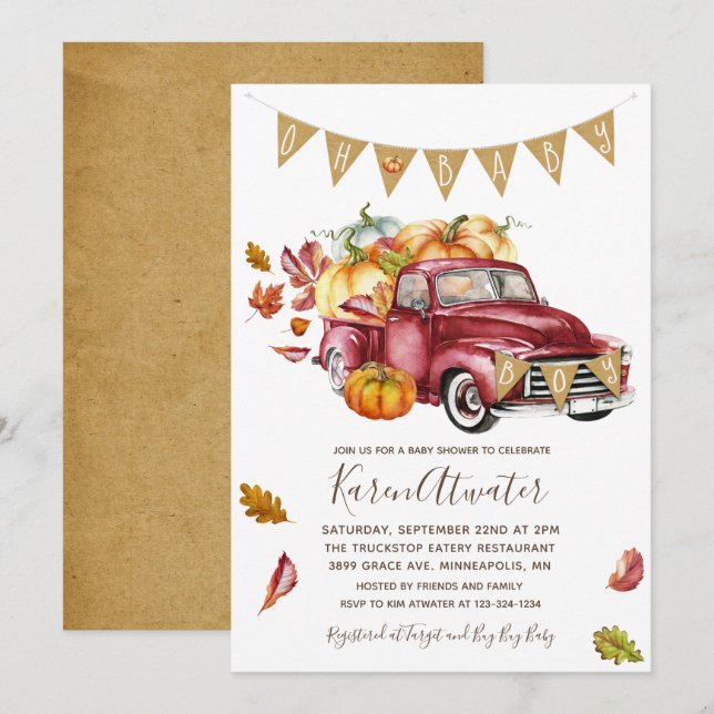 Oh Boy Little Pumpkin Fall Baby Shower Invitation (Front/Back)