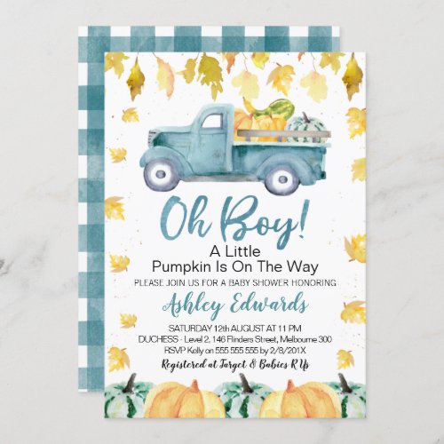 Oh Boy Little Pumpkin Truck Baby Shower Invitation