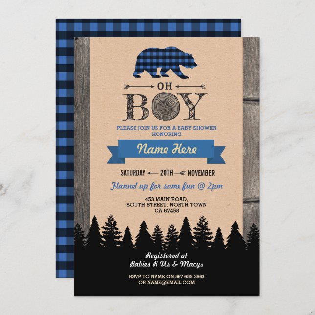 Oh Boy Lumberjack Baby Shower Blue Bear Invite (Front/Back)
