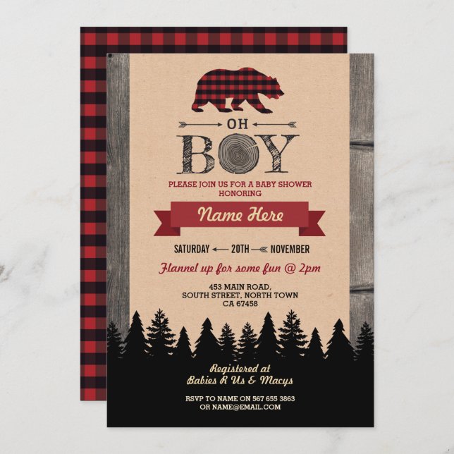 Oh Boy Lumberjack Baby Shower Red Bear Invite (Front/Back)
