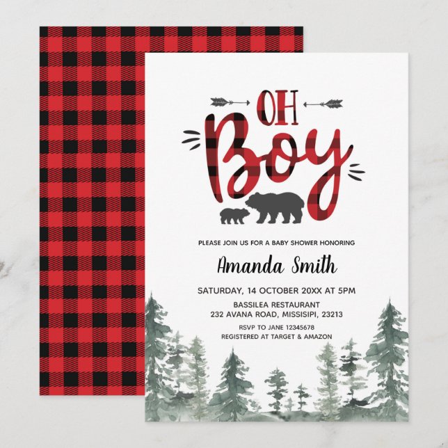 Oh Boy Lumberjack Forest Baby Shower Invitation (Front/Back)