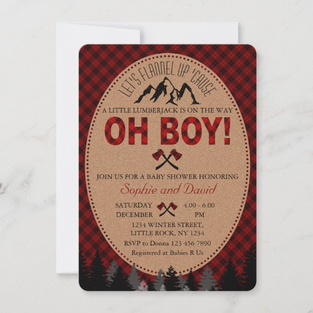 Oh Boy Lumberjack Red Buffalo Baby Shower Invite (Front)