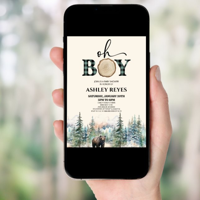 Oh Boy Lumberjack Woodland Forest Bear Baby Shower Invitation (Front Digital)