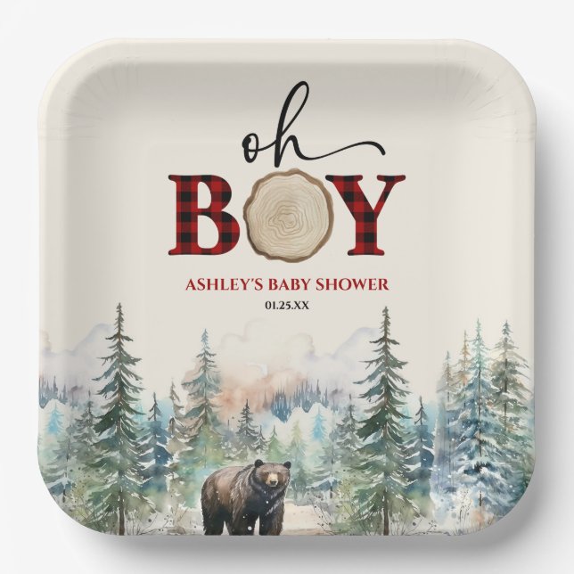 Oh Boy Lumberjack Woodland Forest Bear Baby Shower Paper Plates (Front)