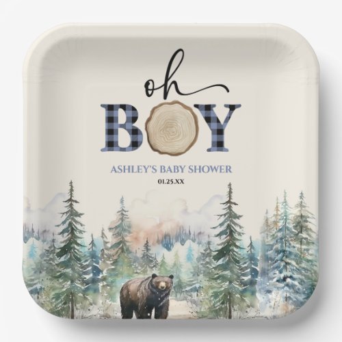 Oh Boy Lumberjack Woodland Forest Bear Baby Shower Paper Plates