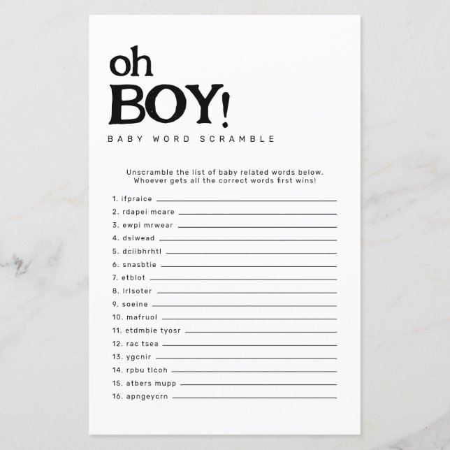Oh Boy Minimalistic Word Scramble Baby Shower Game (Front)