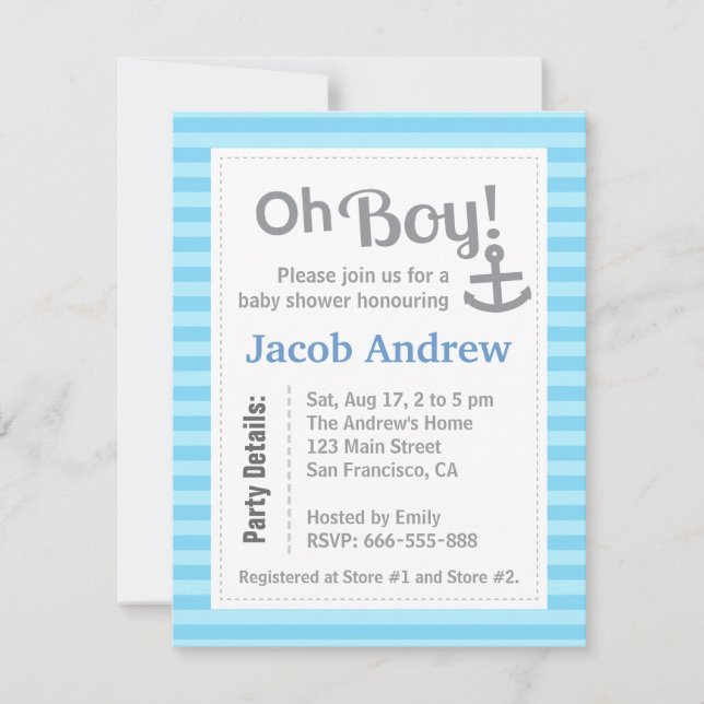 Oh Boy, Modern, Anchor, Baby Shower Invitation (Front)