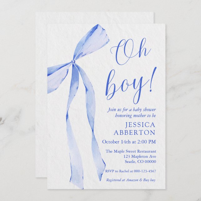 Oh boy! Modern Blue bow baby shower Invitation (Front/Back)