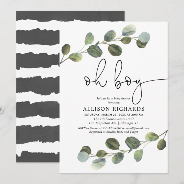 Oh boy modern eucalyptus black white baby shower invitation (Front/Back)