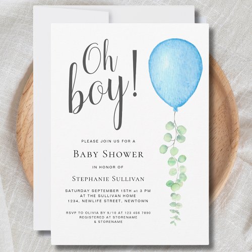 Oh Boy Modern Eucalyptus Blue Balloon Baby Shower Invitation
