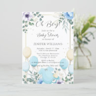 Oh boy modern eucalyptus blue balloons baby shower invitation