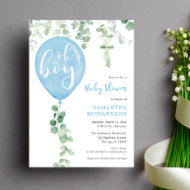 Oh boy modern eucalyptus blue balloons baby shower invitation