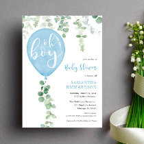 Oh boy modern eucalyptus blue balloons baby shower invitation