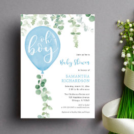 Oh boy modern eucalyptus blue balloons baby shower invitation