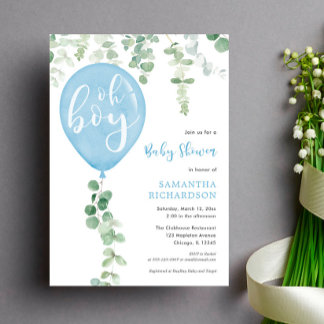 Oh boy modern eucalyptus blue balloons baby shower invitation