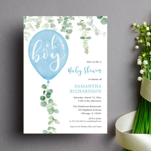 Oh boy modern eucalyptus blue balloons baby shower