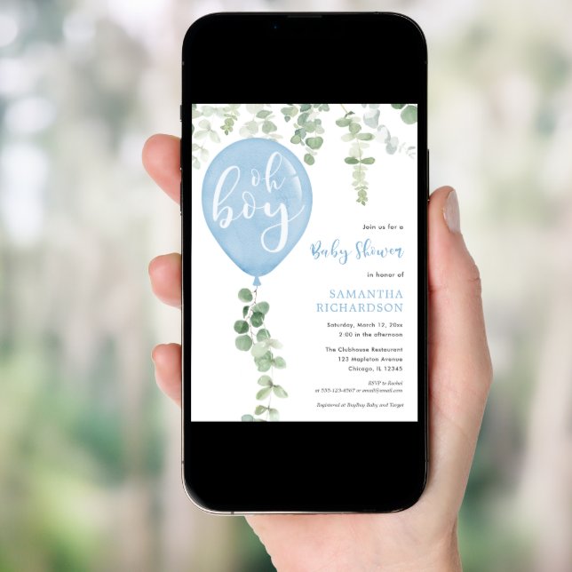 Oh boy modern eucalyptus blue balloons baby shower invitation (Front Digital)
