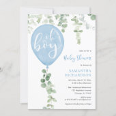 Oh boy modern eucalyptus blue balloons baby shower invitation (Front)