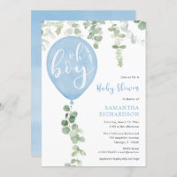 Oh boy modern eucalyptus blue balloons baby shower invitation