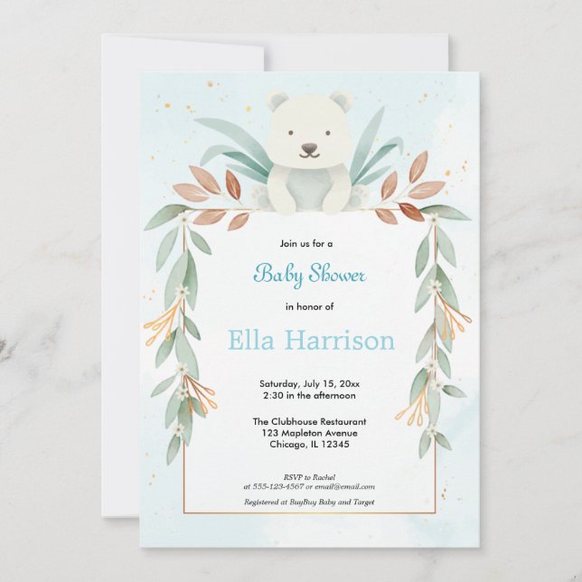 Oh boy modern eucalyptus blue balloons baby shower invitation (Front)