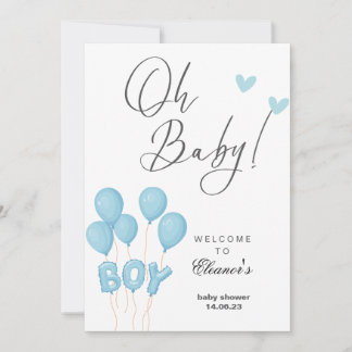 Oh boy modern eucalyptus blue balloons baby shower invitation