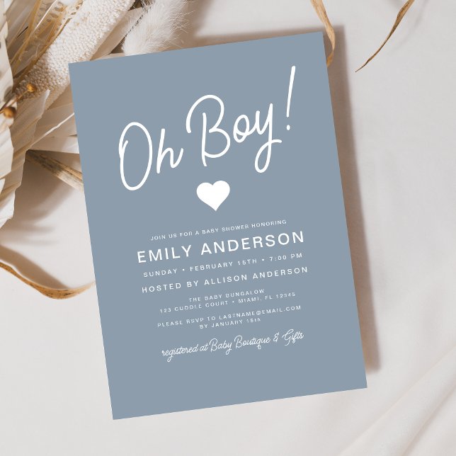 Oh Boy Modern Minimalist Dusty Blue Baby Shower  Invitation (Creator Uploaded)