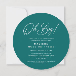 Oh Boy Modern Round Script Teal Baby Shower Invitation
