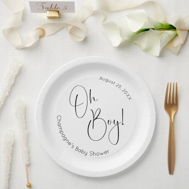 Oh Boy Modern Script Baby Shower Paper Plates (Wedding)