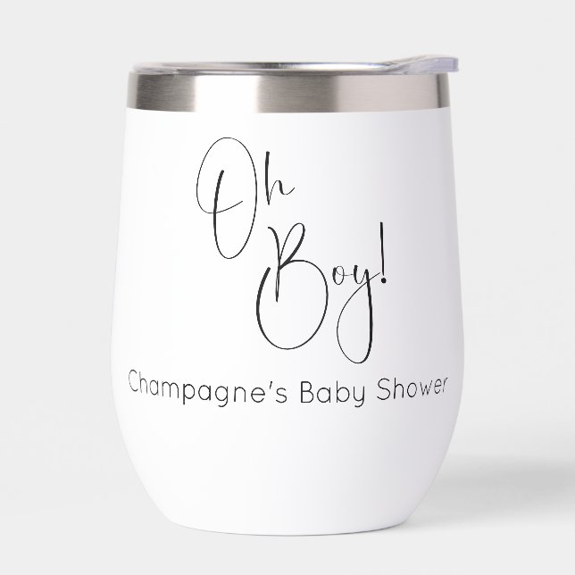 Oh Boy Modern Script Baby Shower Thermal Wine Tumbler (Left)