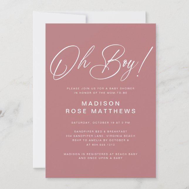 Oh Boy Modern Script Dusty Rose Baby Shower  Invitation (Front)