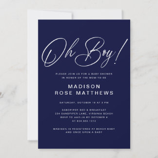 Oh Boy Modern Script Navy Blue Baby Shower Invitation
