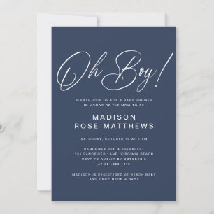 Oh Boy Modern Script Navy Blue  Baby Shower   Invitation