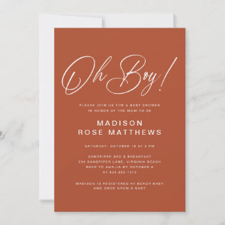 Oh Boy Modern Script Rust Baby Shower Invitation