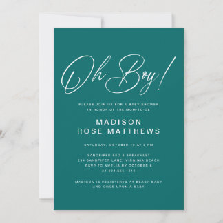 Oh Boy Modern Script Teal Baby Shower Invitation