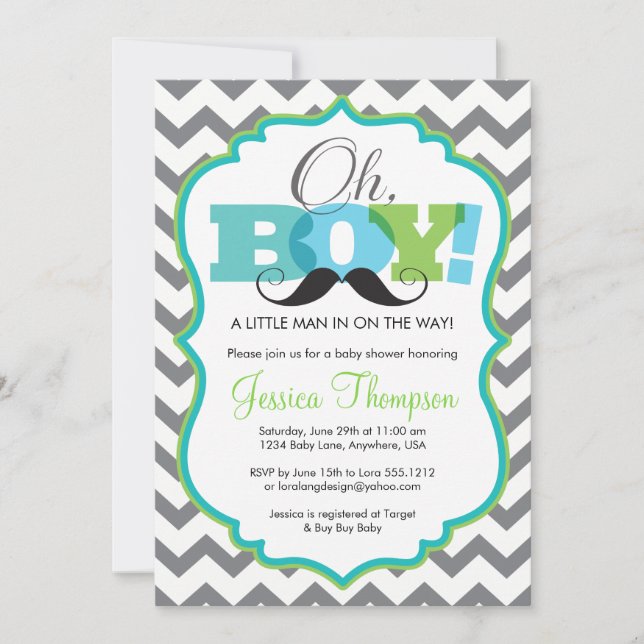 Oh Boy Mustache Baby Shower Invitation (Front)