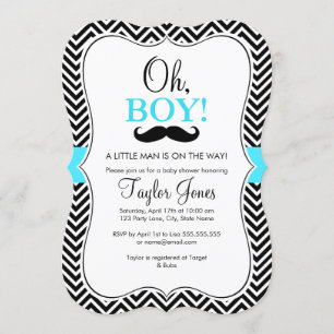 Oh Boy Mustache Baby Shower Invite / Blue