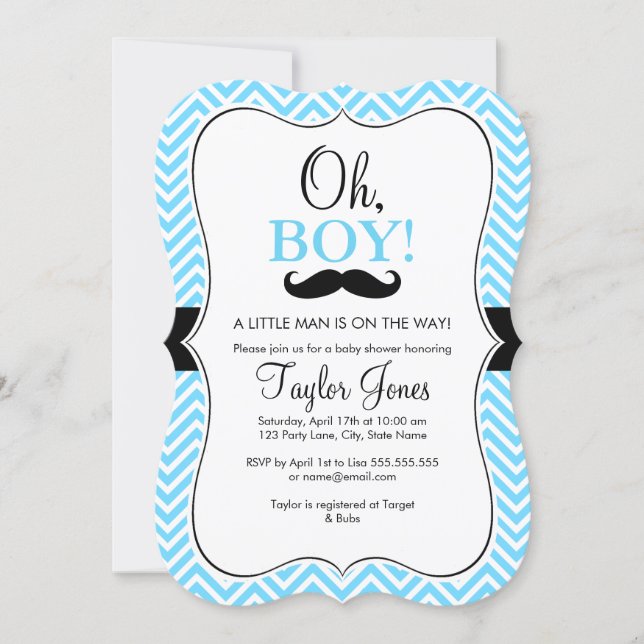 Oh Boy Mustache Baby Shower Invite / Blue & Black (Front)