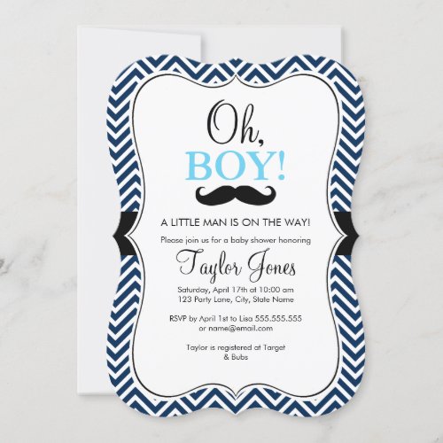 Oh Boy Mustache Baby Shower Invite  Blue  Navy