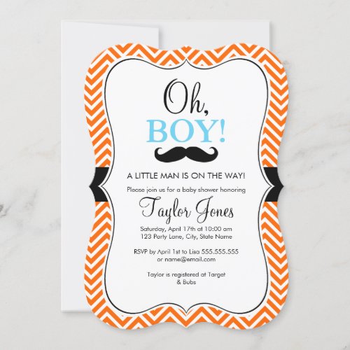 Oh Boy Mustache Baby Shower Invite  Blue  Orange
