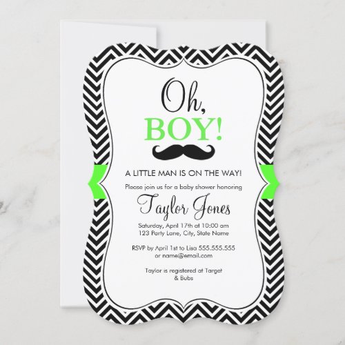 Oh Boy Mustache Baby Shower Invite  Green