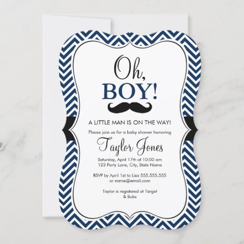 Oh Boy Mustache Baby Shower Invite  Navy