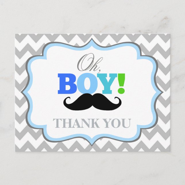 Oh Boy Mustache Baby Shower Thank You Postcard (Front)