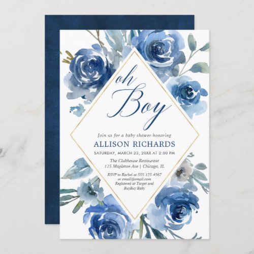 Oh boy navy blue elegant floral boy baby shower invitation